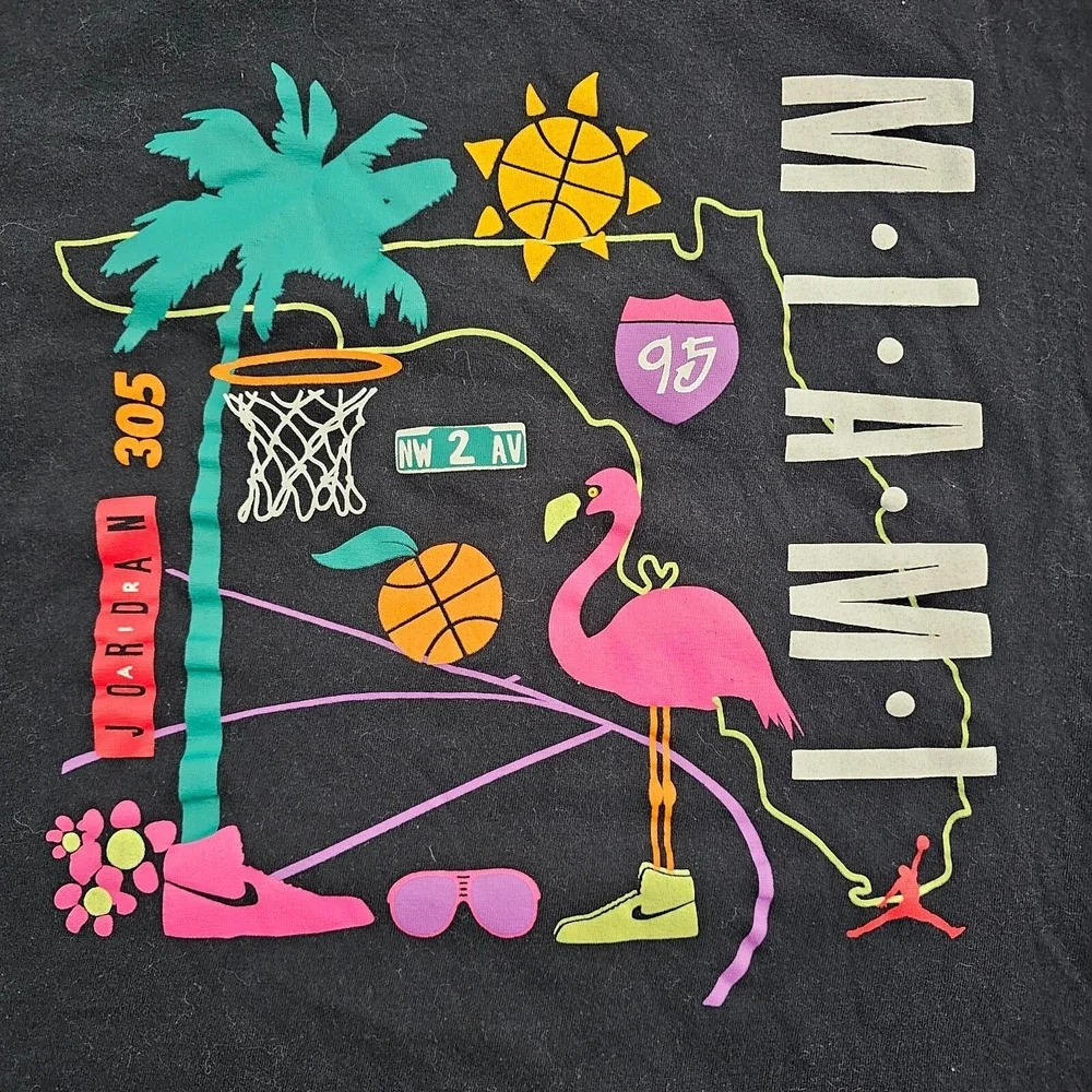 Air Jordan Miami 305 Basketball Black Short Sleeve Cotton T-Shirt Men's S